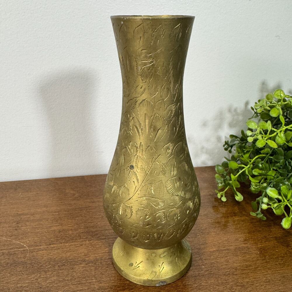 Vintage Etched Brass Bud Vase Engraved Floral India Boho Decor 6 Inch